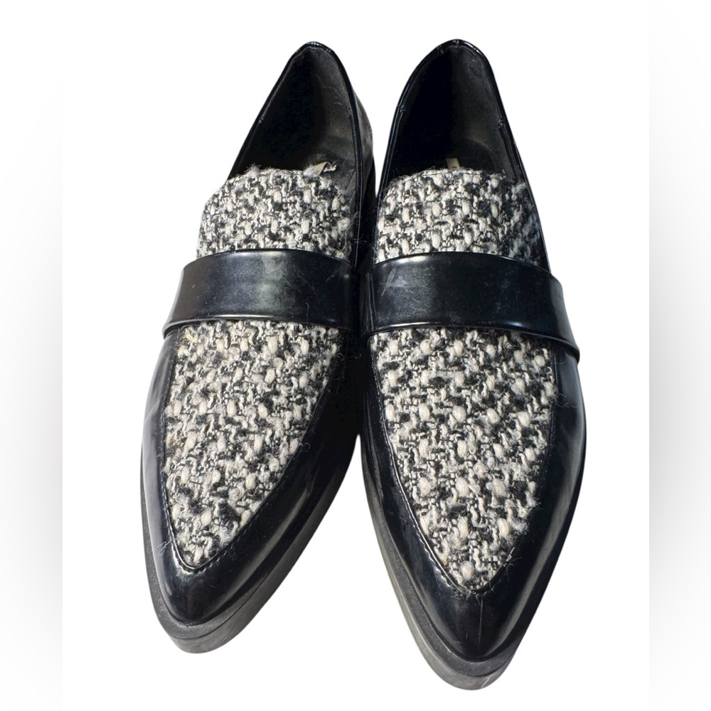 Zara Black & Gray Tweed Patent Leather Women’s 40 / 9 Loafers Slip On Shoes